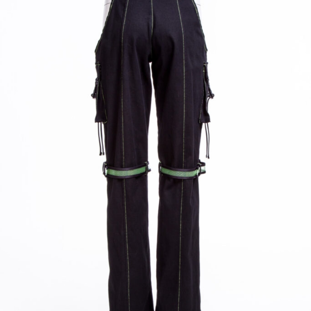 Cybergoth Rave Straight Leg Cargo Pants with Green Buckle & Pockets - Picture 4 of 5